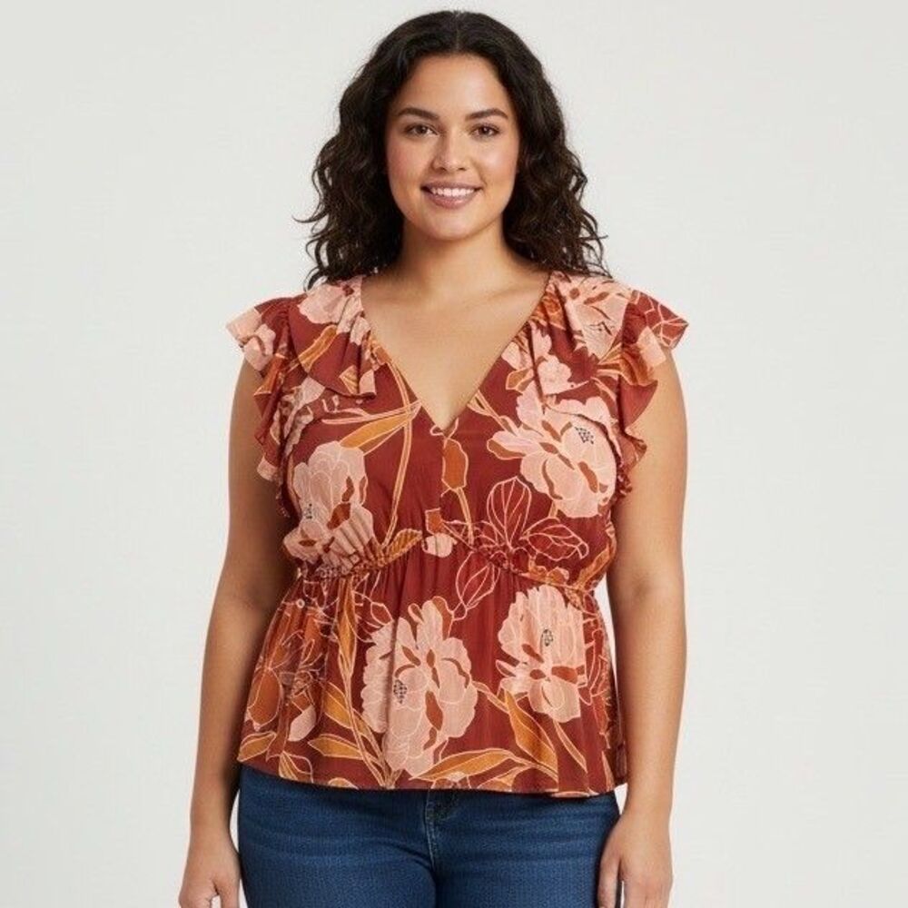 DR2 by Daniel Rainn Floral Ruffle Peplum Blouse Terracotta Large